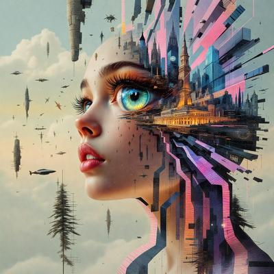 The primary subject of the image is a woman with a unique and artistic appearance. She has a face that is made up of various buildings, creating a visually striking and imaginative scene. The setting is a cloudy sky, which adds to the overall atmosphere of the image. The visual style is a combination of digital art and illustration, giving the image a surreal and dreamlike quality. The colors and mood of the image are predominantly pink and purple, which contribute to the overall whimsical and cre